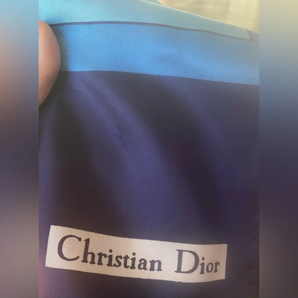 Vintage Christian Dior Satin Scarf Blue White Geometric Rectangular 43